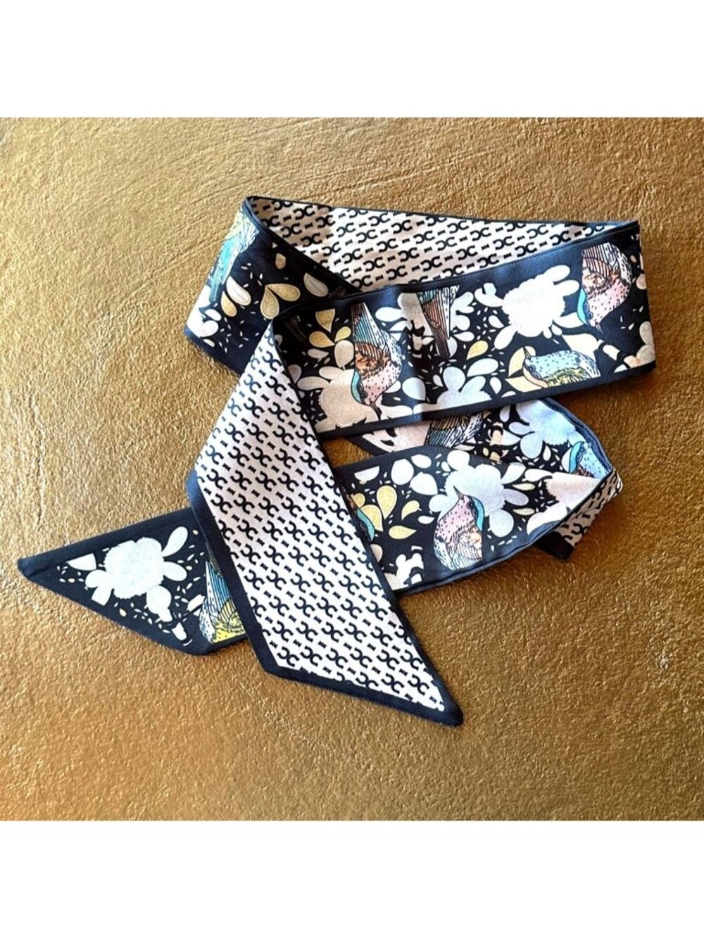 Twilly Scarf 36" X 2" Navy & Cream With Floral & Bird Design Reversible Pattern - Picture 2 of 5